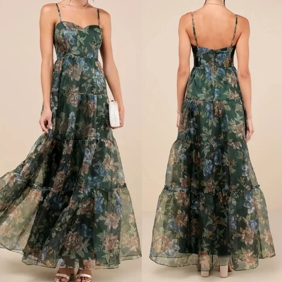 NWOT Exclusive Glamour Green Floral Organza Tiered Maxi Dress - Picture 1 of 2